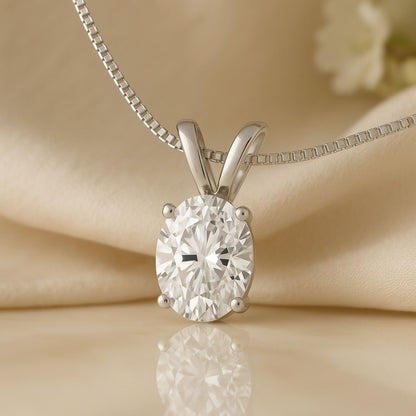 14K Gold Oval Cut Moissanite Solitaire Necklace - Double Loop Bail on Box Chain