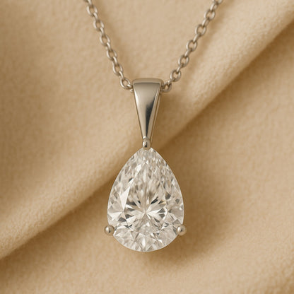 14K Gold Pear Cut Moissanite Solitaire Necklace - Solid Bail on Cable Chain