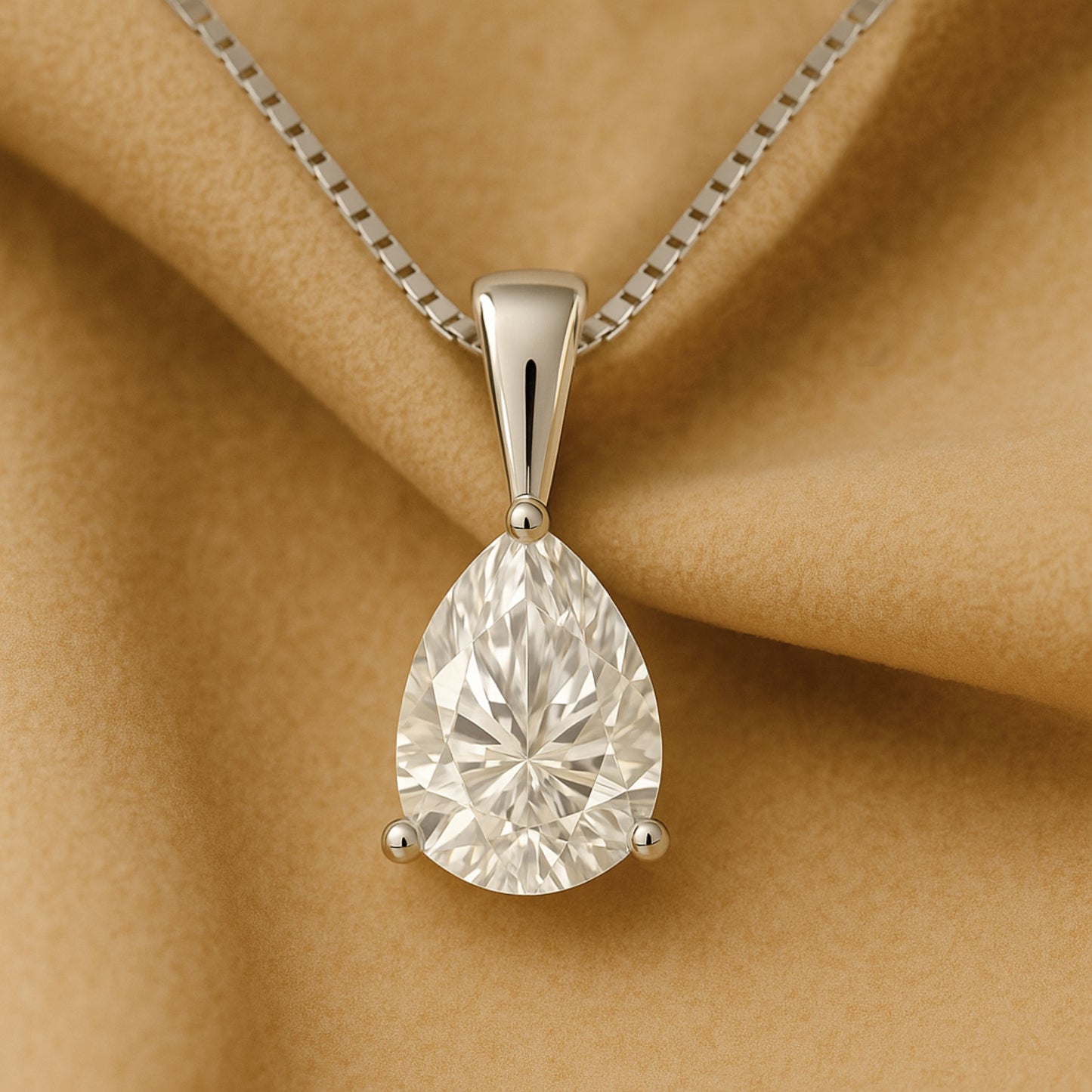 14K Gold Pear Cut Moissanite Solitaire Necklace - Solid Bail on Box Chain