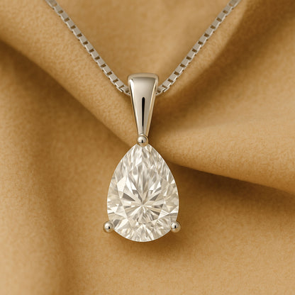 14K Gold Pear Cut Moissanite Solitaire Necklace - Solid Bail on Box Chain