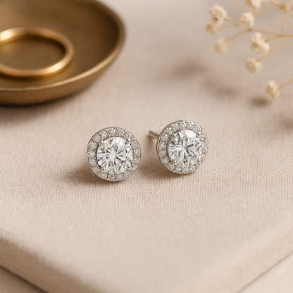14K Gold Round Cut Moissanite Halo Stud Earrings