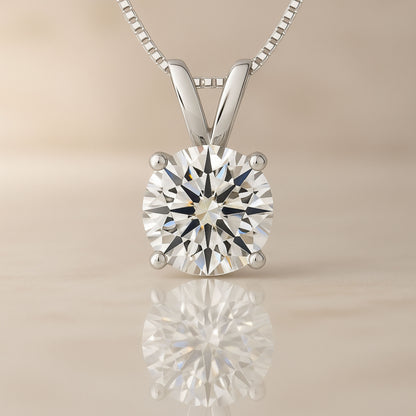 14K Gold Round Cut Moissanite Solitaire Necklace - Double Loop Bail on Box Chain