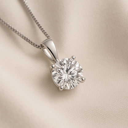 14K Gold Round Cut Moissanite Solitaire Necklace - Solid Bail on Box Chain
