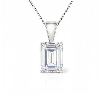 14K Gold Emerald Cut Moissanite Solitaire Necklace - Solid Bail on Box Chain