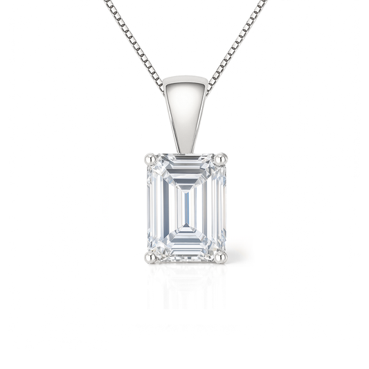 14K Gold Emerald Cut Moissanite Solitaire Necklace - Solid Bail on Box Chain