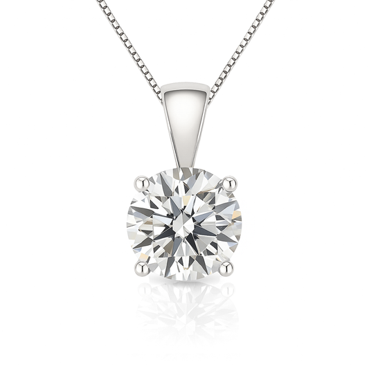 14K Gold Round Cut Moissanite Solitaire Necklace - Solid Bail on Box Chain