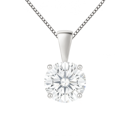 14K Gold Round Cut Moissanite Solitaire Necklace - Solid Bail on Box Chain