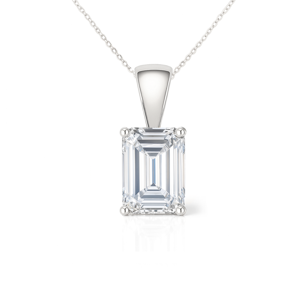 14K Gold Emerald Cut Moissanite Solitaire Necklace - Solid Bail on Cable Chain