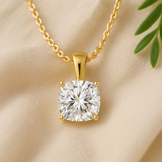 14K Gold Cushion Cut Moissanite Solitaire Necklace - Solid Bail on Cable Chain