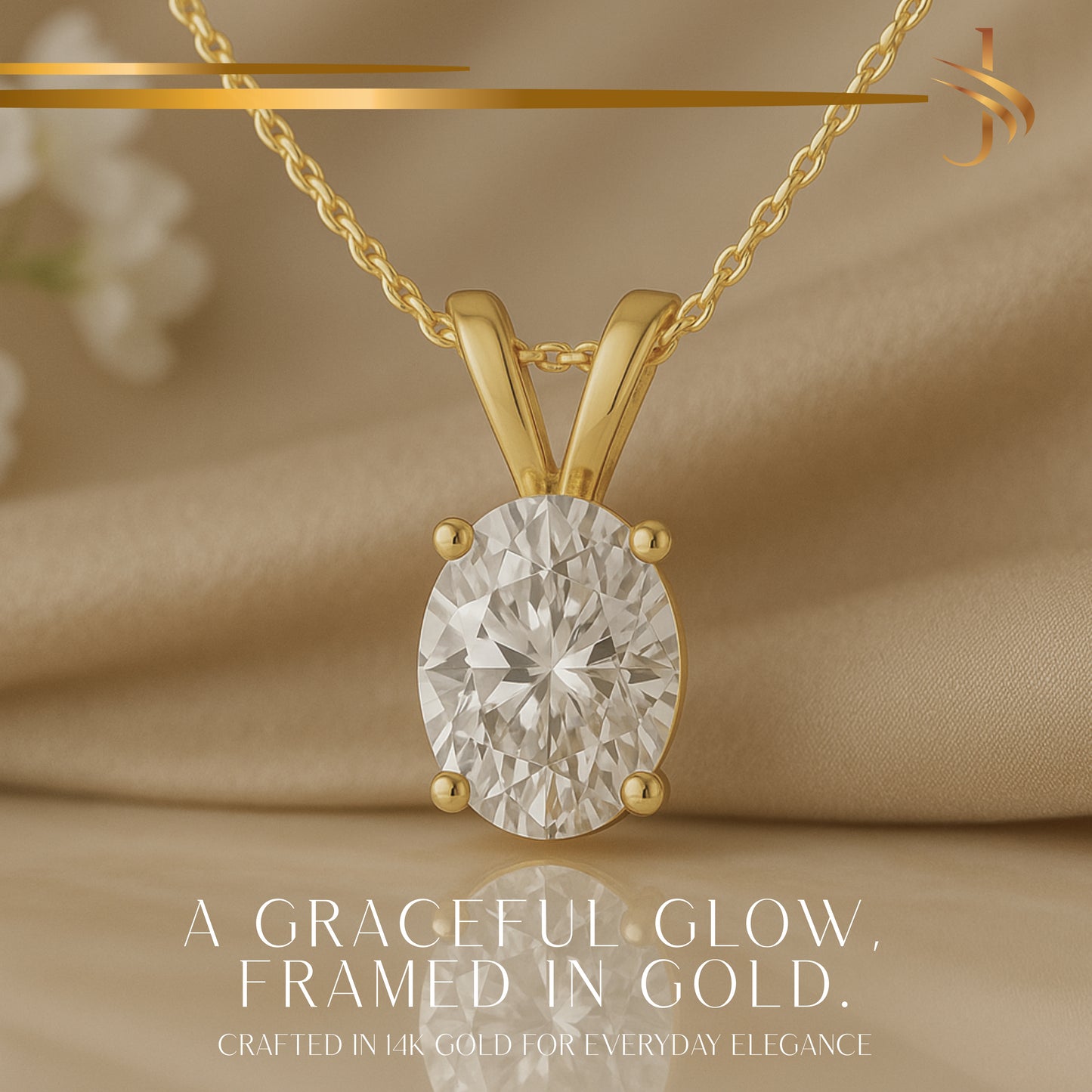 14K Gold Oval Cut Moissanite Solitaire Necklace - Double Loop Bail on Cable Chain