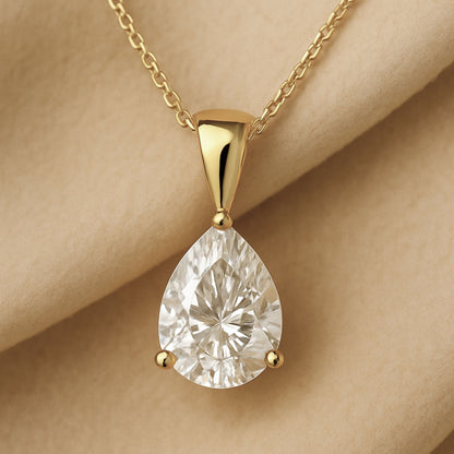 14K Gold Pear Cut Moissanite Solitaire Necklace - Solid Bail on Cable Chain