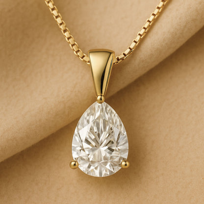 14K Gold Pear Cut Moissanite Solitaire Necklace - Solid Bail on Box Chain