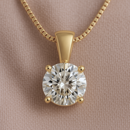 14K Gold Round Cut Moissanite Solitaire Necklace - Solid Bail on Box Chain