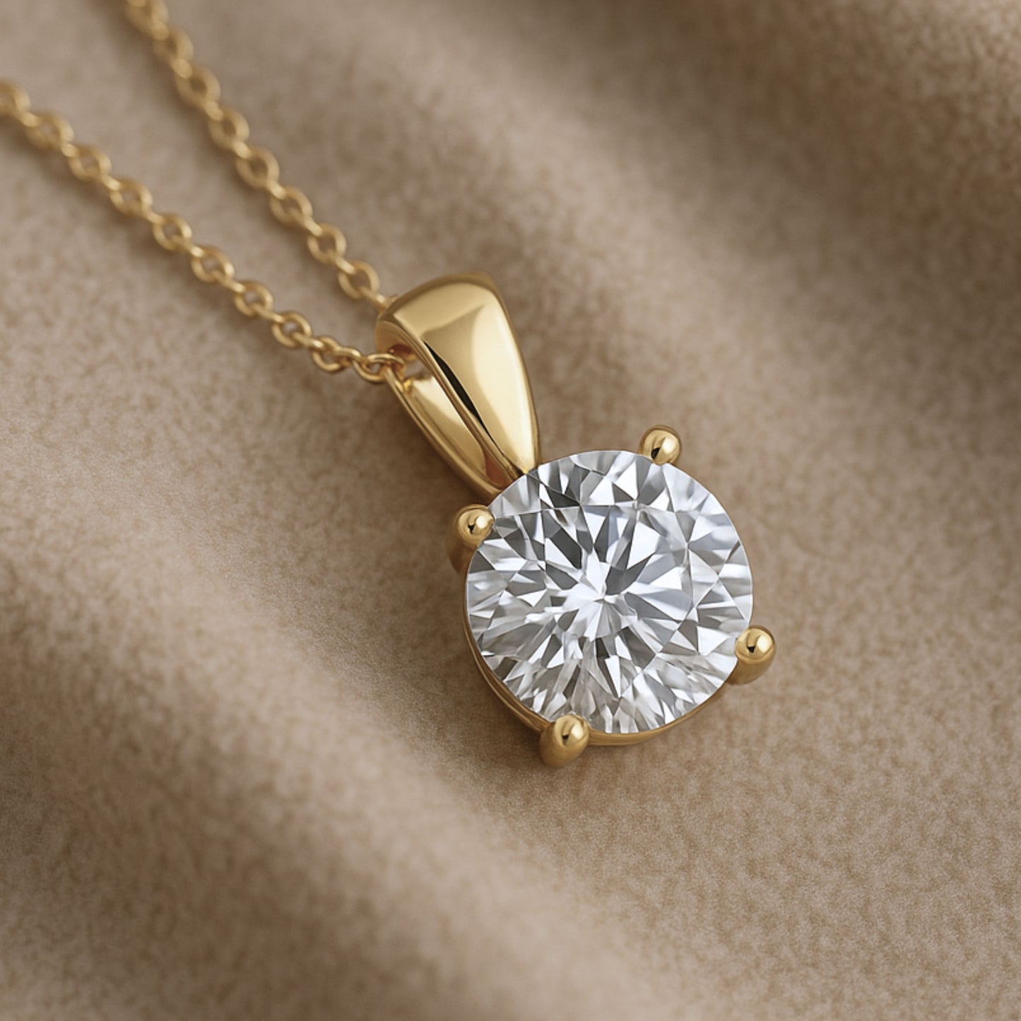 14K Gold Round Cut Moissanite Solitaire Necklace - Solid Bail on Cable Chain