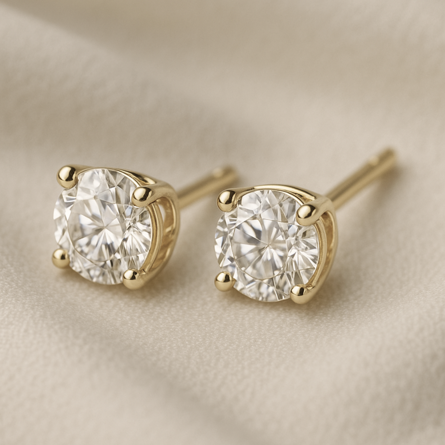 14K Gold Round Cut Moissanite Solitaire Stud Earrings - Push Backs