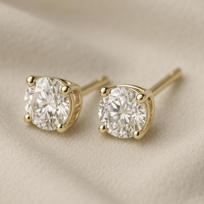 14K Gold Round Cut Moissanite Solitaire Stud Earrings - Push Backs