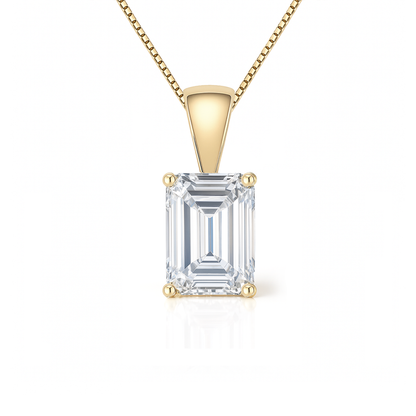 14K Gold Emerald Cut Moissanite Solitaire Necklace - Solid Bail on Box Chain