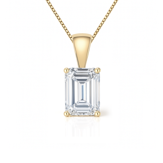 14K Gold Emerald Cut Moissanite Solitaire Necklace - Solid Bail on Box Chain