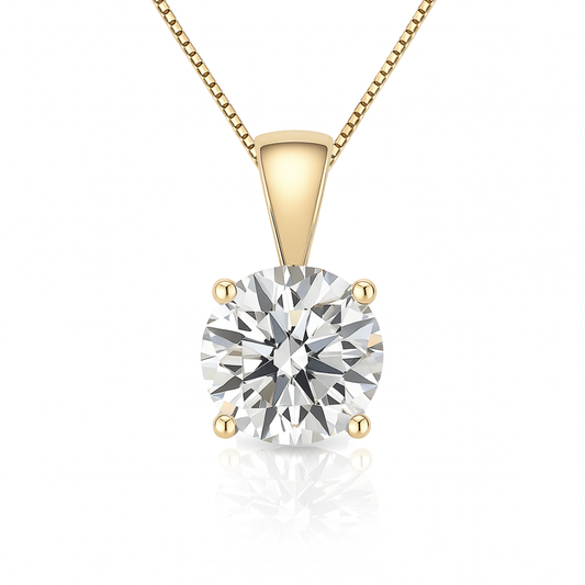 14K Gold Round Cut Moissanite Solitaire Necklace - Solid Bail on Box Chain
