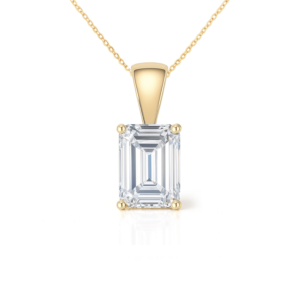 14K Gold Emerald Cut Moissanite Solitaire Necklace - Solid Bail on Cable Chain