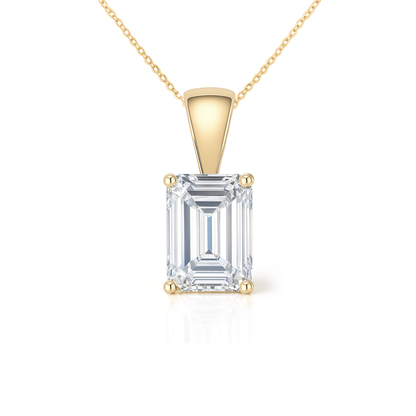 14K Gold Emerald Cut Moissanite Solitaire Necklace - Solid Bail on Cable Chain