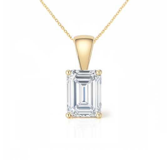 14K Gold Emerald Cut Moissanite Solitaire Necklace - Solid Bail on Cable Chain