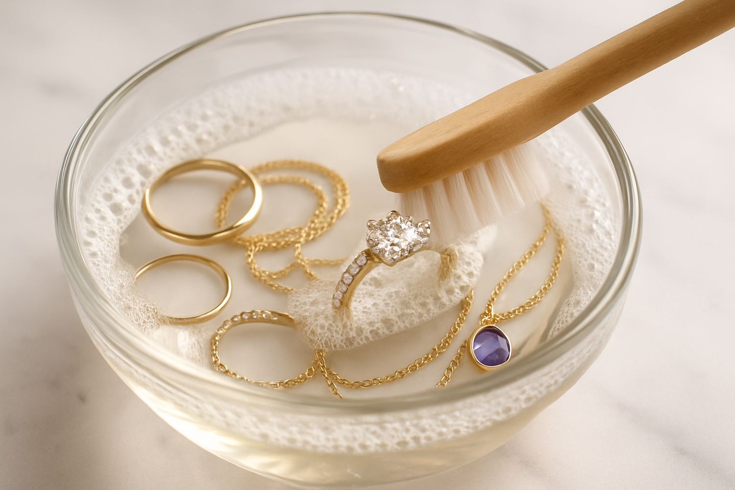 Cleaning Jewelry in bowl of soapy water and soft brush