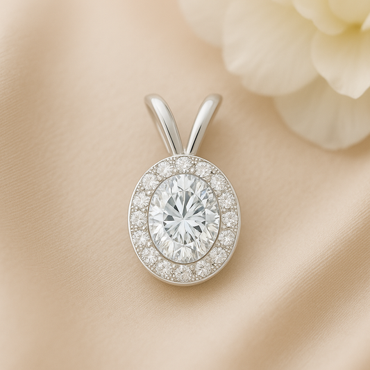 Oval Cut Halo Moissanite Pendant – Double Loop Bail