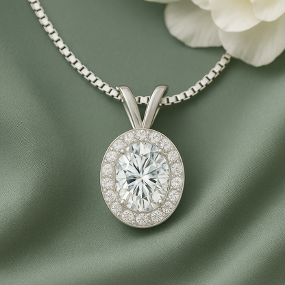 14K Gold Oval Cut Halo Moissanite Necklace - Double Loop Bail