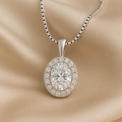 14K Gold Oval Cut Halo Moissanite Necklace - Solid Bail with Box Chain