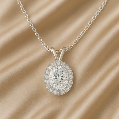 14K Gold Oval Cut Halo Moissanite Necklace - Double Loop Bail